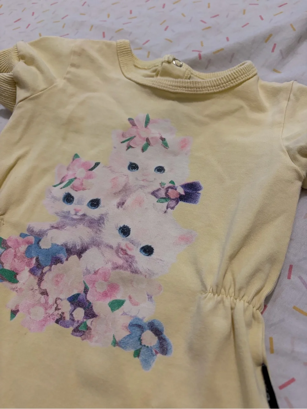 Rock Your Baby Pale Yellow Kitten Graphic One-Piece Romper
